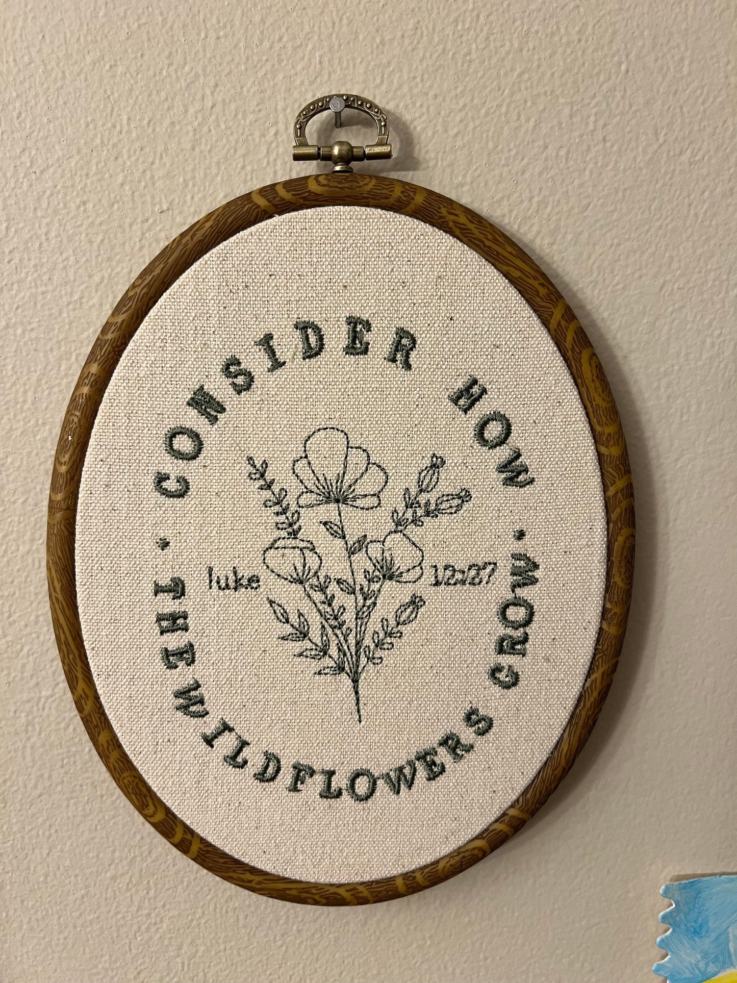 Consider the Wildflowers Luke 12:27 Floral Finished Embroidery Hoop Wall Decor, Scripture Home Decor, Bible Verses, Embroidery Nursery Decor