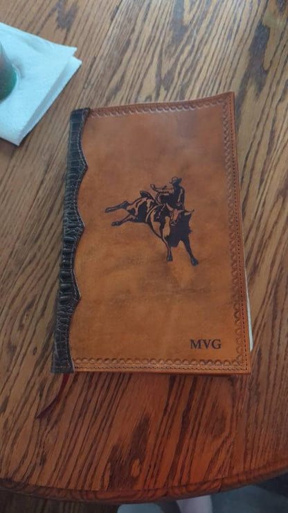 Handcrafted Laser Engraved Praying Cowboy All Leather Bible Cover With Alligator Embossed Bind