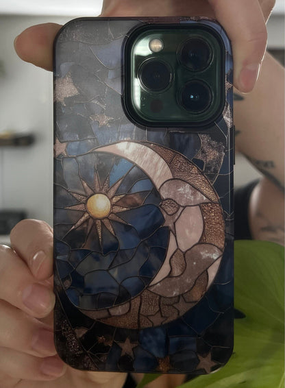 Moon and Stars Phone Case, Celestial Phone Cover Magsafe Compatible Starry Night Sky Space Lover Gift for iPhone 15 14 13 Faux Stained Glass