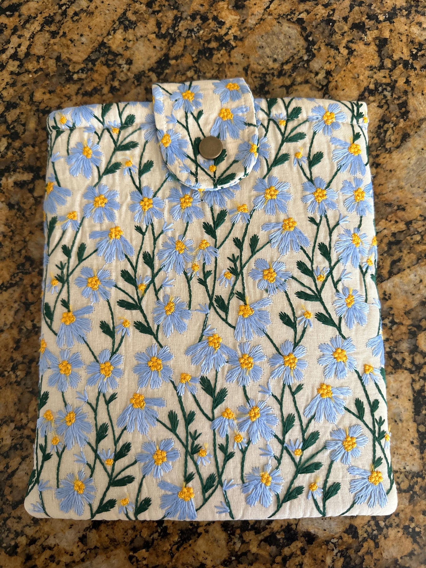 Blue Beige Daisy Embroidered book sleeve, kindle sleeve, ereader cover, iPad sleeve, Book Gift, book pouch, Bible cover
