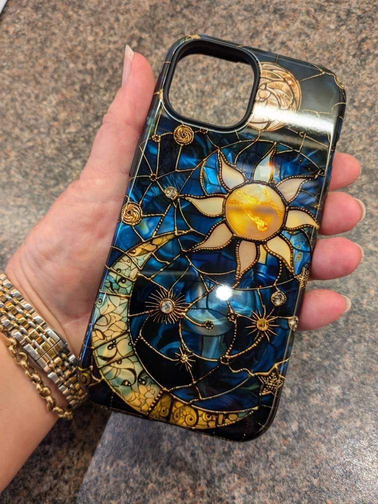 Celestial Stained Glass Moon and Stars Phone Case | Faux Stain Glass Starry Night Sky Design Phone Cover | iPhone 15 | Pixel 8 | Samsung S24