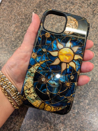 Celestial Stained Glass Moon and Stars Phone Case | Faux Stain Glass Starry Night Sky Design Phone Cover | iPhone 15 | Pixel 8 | Samsung S24