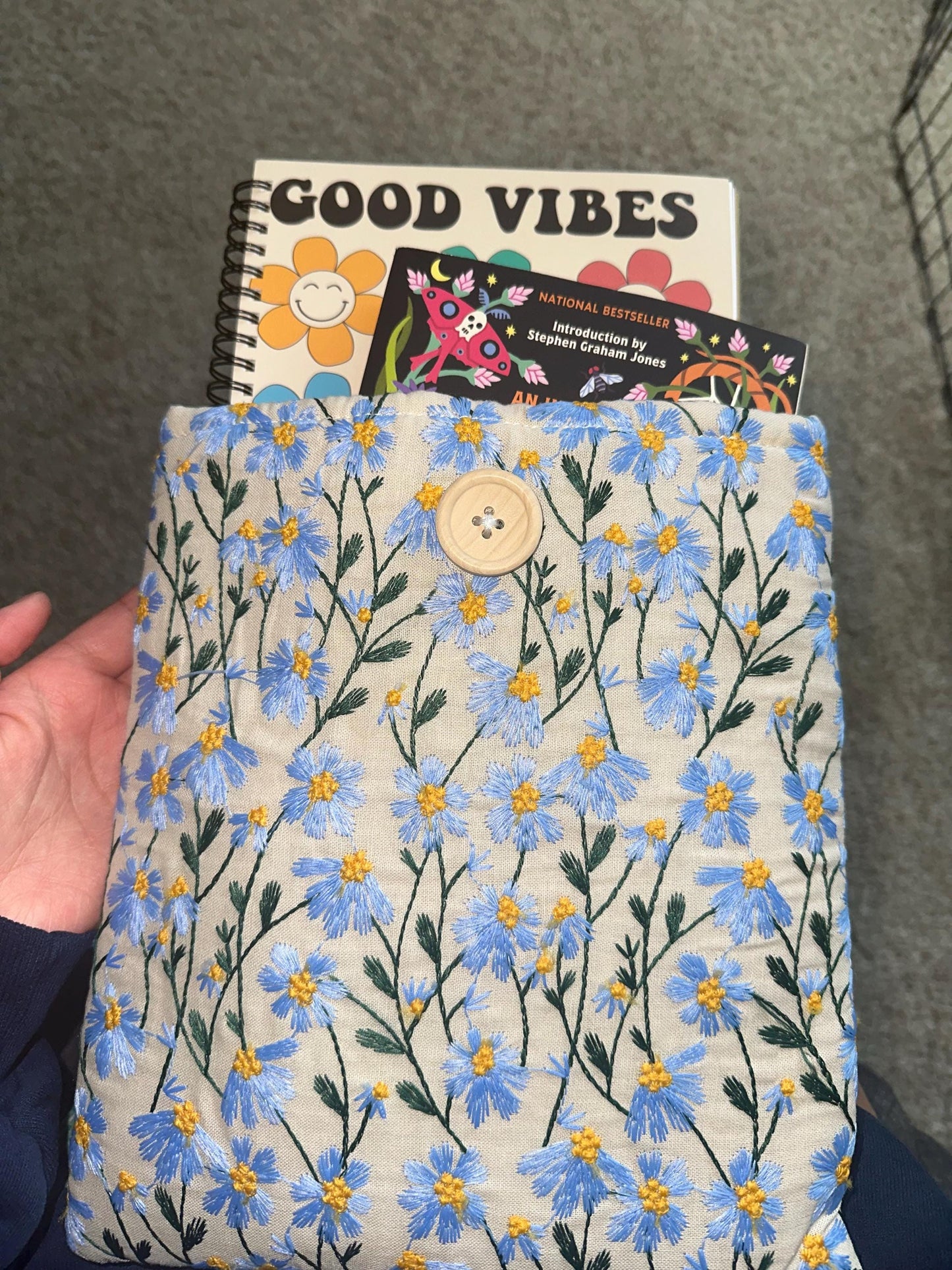 Blue Beige Daisy Embroidered book sleeve, kindle sleeve, ereader cover, iPad sleeve, Book Gift, book pouch, Bible cover