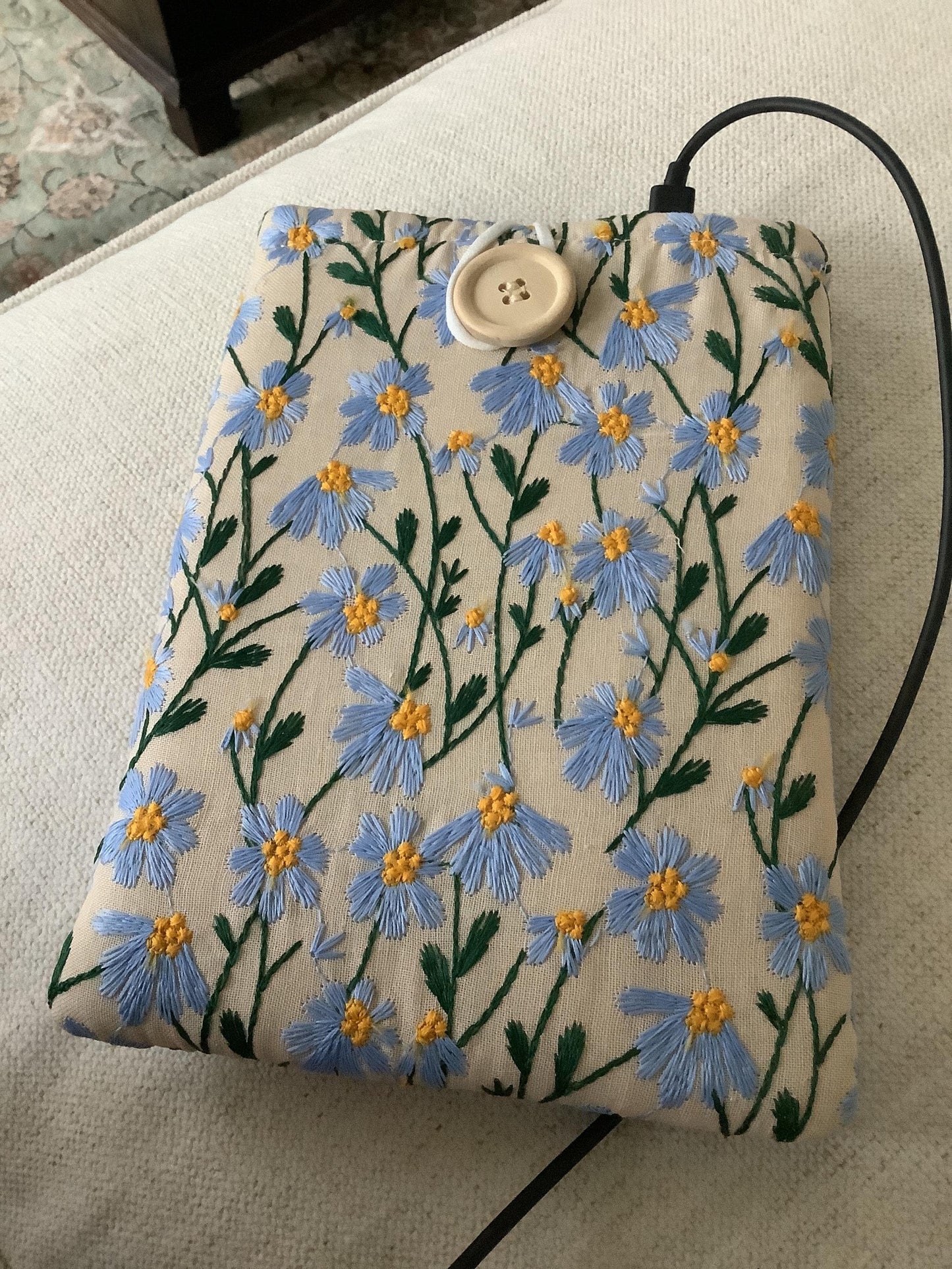 Blue Beige Daisy Embroidered book sleeve, kindle sleeve, ereader cover, iPad sleeve, Book Gift, book pouch, Bible cover
