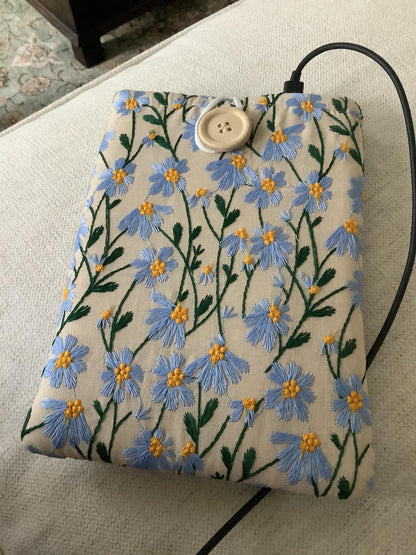Blue Beige Daisy Embroidered book sleeve, kindle sleeve, ereader cover, iPad sleeve, Book Gift, book pouch, Bible cover
