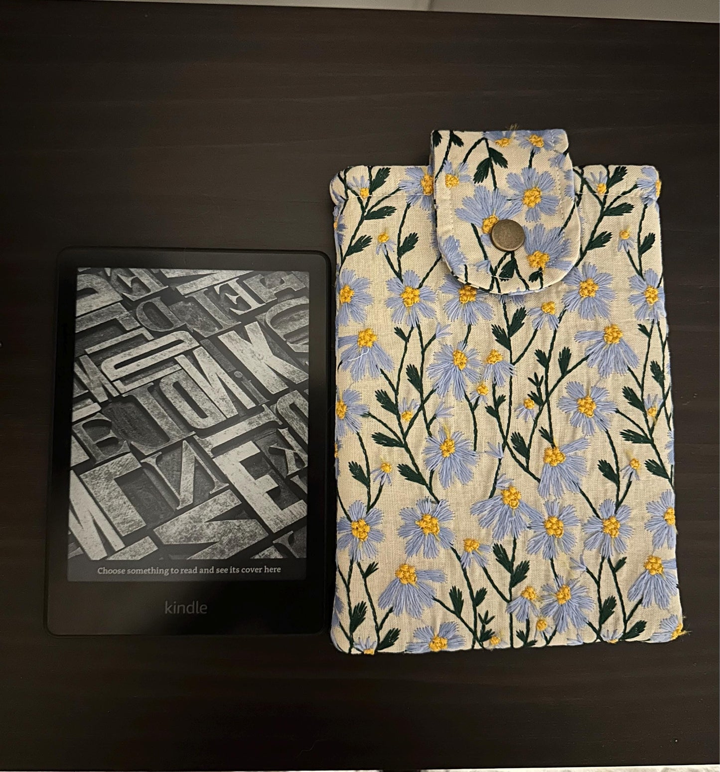 Blue Beige Daisy Embroidered book sleeve, kindle sleeve, ereader cover, iPad sleeve, Book Gift, book pouch, Bible cover