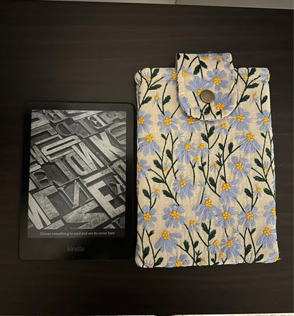 Blue Beige Daisy Embroidered book sleeve, kindle sleeve, ereader cover, iPad sleeve, Book Gift, book pouch, Bible cover