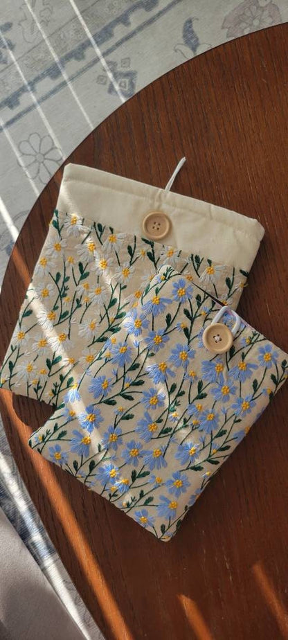 Blue Beige Daisy Embroidered book sleeve, kindle sleeve, ereader cover, iPad sleeve, Book Gift, book pouch, Bible cover