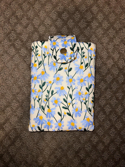 Blue Beige Daisy Embroidered book sleeve, kindle sleeve, ereader cover, iPad sleeve, Book Gift, book pouch, Bible cover
