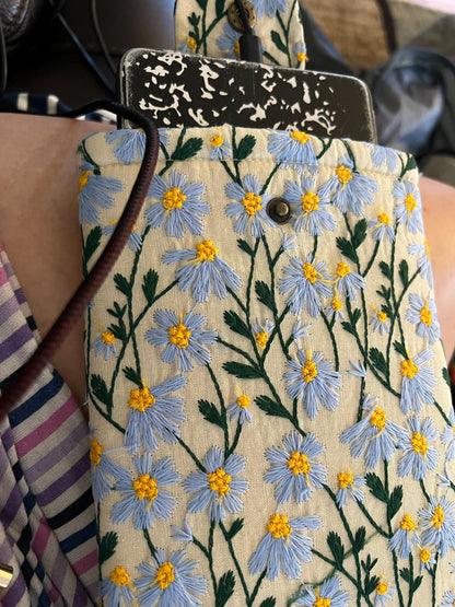 Blue Beige Daisy Embroidered book sleeve, kindle sleeve, ereader cover, iPad sleeve, Book Gift, book pouch, Bible cover