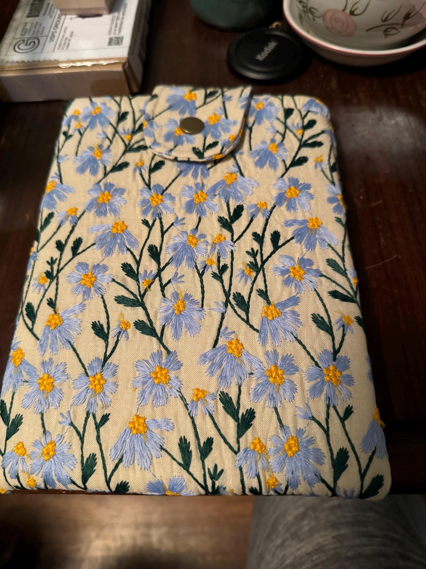 Blue Beige Daisy Embroidered book sleeve, kindle sleeve, ereader cover, iPad sleeve, Book Gift, book pouch, Bible cover