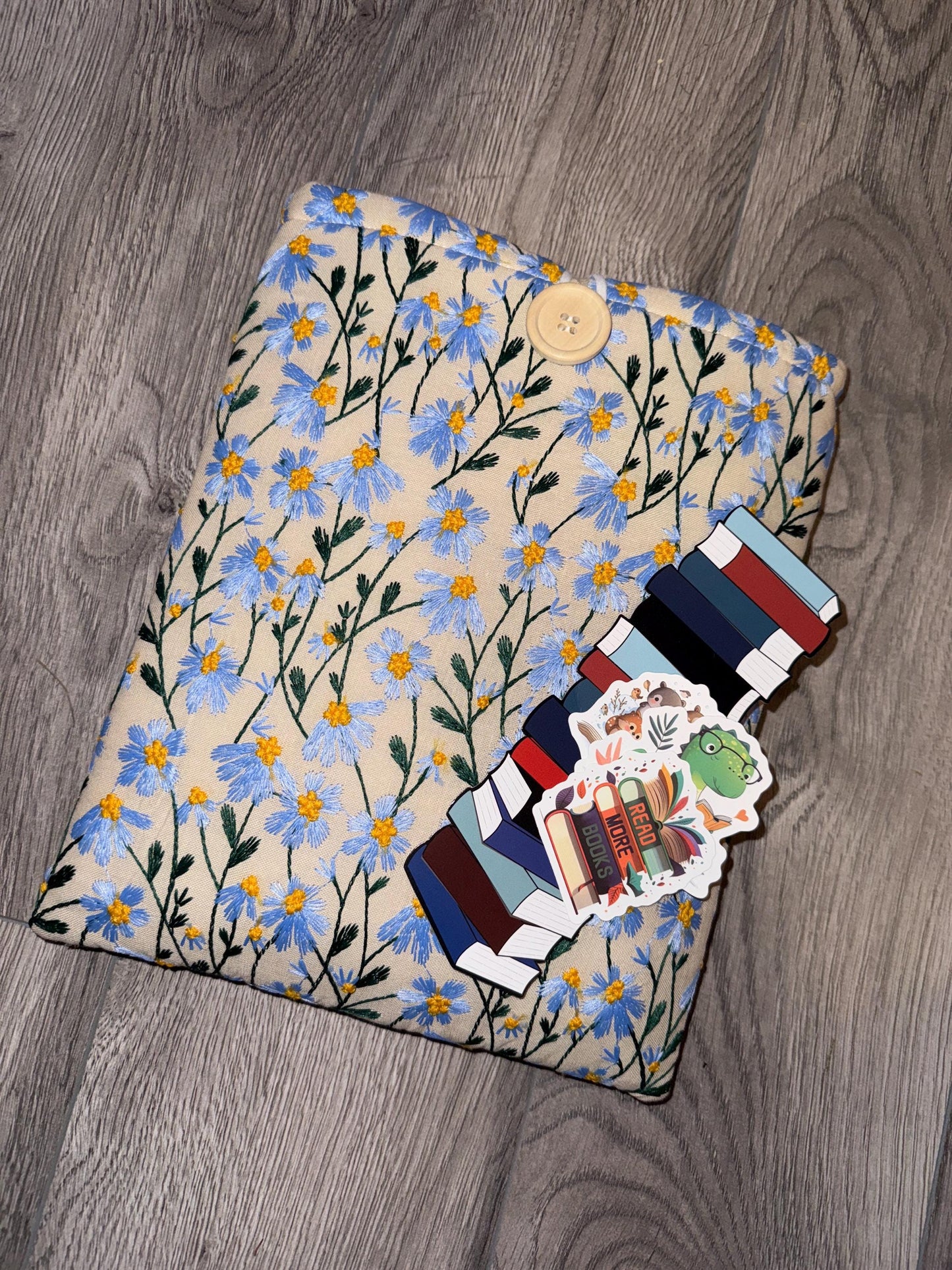 Blue Beige Daisy Embroidered book sleeve, kindle sleeve, ereader cover, iPad sleeve, Book Gift, book pouch, Bible cover
