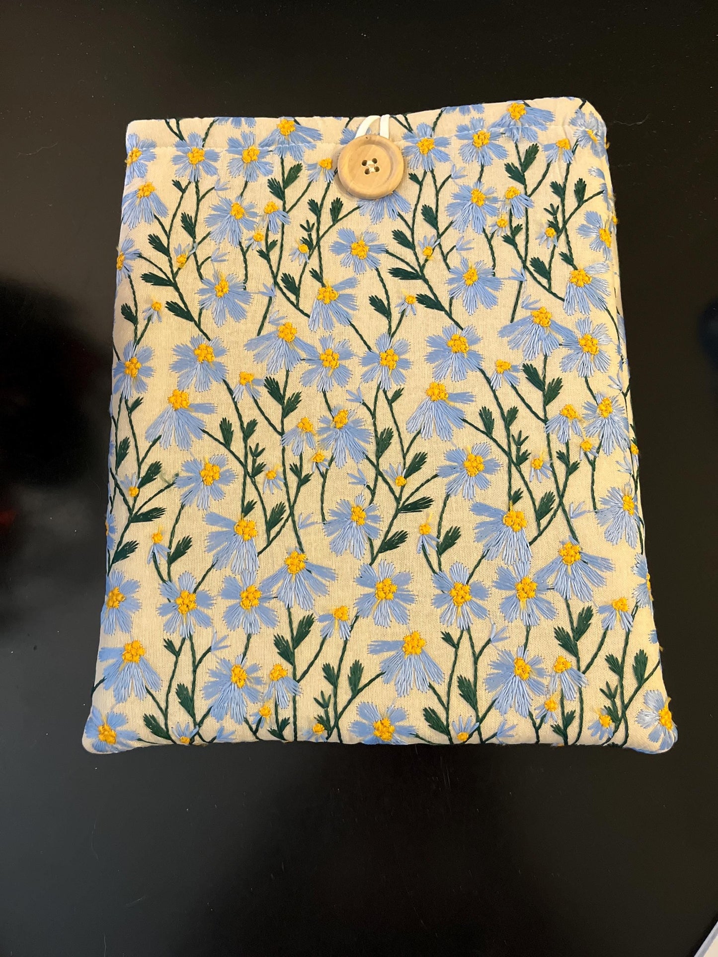 Blue Beige Daisy Embroidered book sleeve, kindle sleeve, ereader cover, iPad sleeve, Book Gift, book pouch, Bible cover