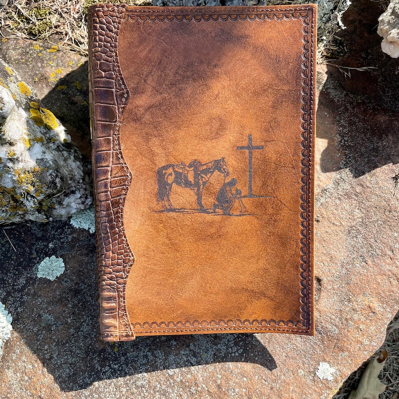 Handcrafted Laser Engraved Praying Cowboy All Leather Bible Cover With Alligator Embossed Bind
