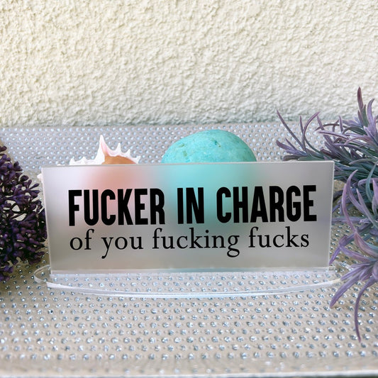 Fucker in Charge Frosted Clear Desk Sign, Funny Name Plate, Boss Gag Gift, Funny Boss Sign, Gag Gift, Boss Christmas Gift, Mother's Day Gift