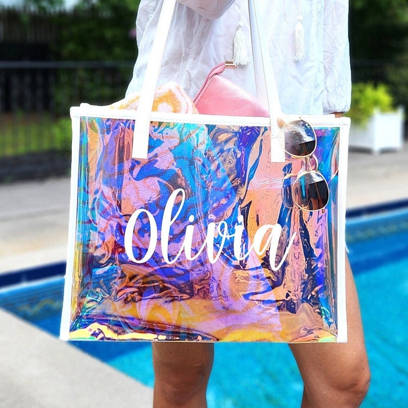 Custom Name Holographic Beach Bag, Waterproof Large Capacity Travel Bag Tote Bag, Bachelorette Party Favors, Christmas/Birthday/Wedding Gift for Her