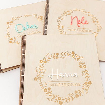 Certificate folder made of wood with floral patterns, folder for certificates with name, school enrollment gift for school child, certificate folder A4 with transparencies