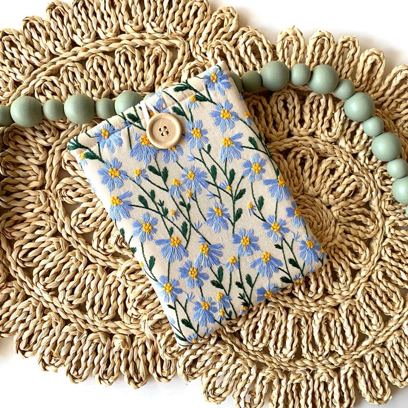 Blue Beige Daisy Embroidered book sleeve, kindle sleeve, ereader cover, iPad sleeve, Book Gift, book pouch, Bible cover