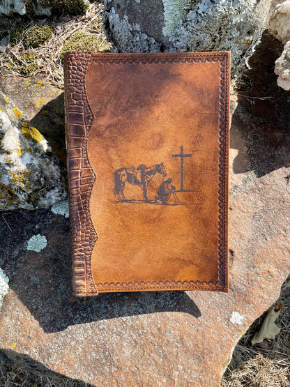Handcrafted Laser Engraved Praying Cowboy All Leather Bible Cover With Alligator Embossed Bind