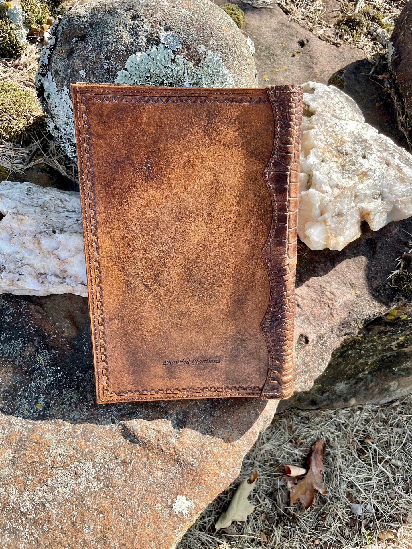 Handcrafted Laser Engraved Praying Cowboy All Leather Bible Cover With Alligator Embossed Bind