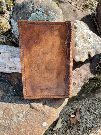Handcrafted Laser Engraved Praying Cowboy All Leather Bible Cover With Alligator Embossed Bind