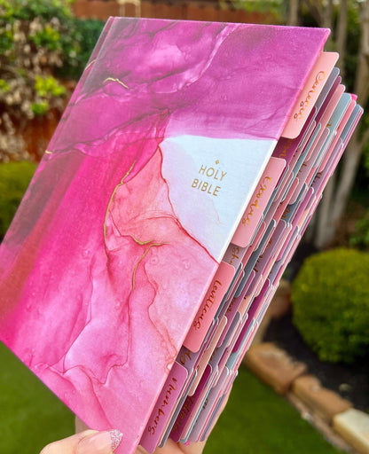 Gorgeous NIV Pink Marble Bible with TABS, Cloth over Board, Art Gilded Edges, Red Letter, Comfort Print