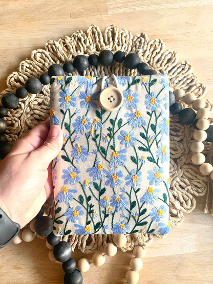 Blue Beige Daisy Embroidered book sleeve, kindle sleeve, ereader cover, iPad sleeve, Book Gift, book pouch, Bible cover