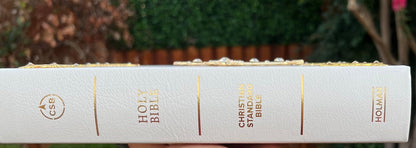 CSB Coffee Table Family Bible, White Bonded Leather Over Board with Corner Embellishments with Swarovski Crystals and Gold Cross