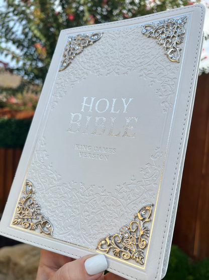 Gorgeous White KJV Holy Bible with Silver Corner Embellishments with Swarovski Crystals , Thinline Large Print Faux Leather