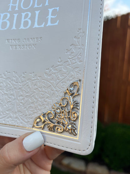 Gorgeous White KJV Holy Bible with Silver Corner Embellishments with Swarovski Crystals , Thinline Large Print Faux Leather