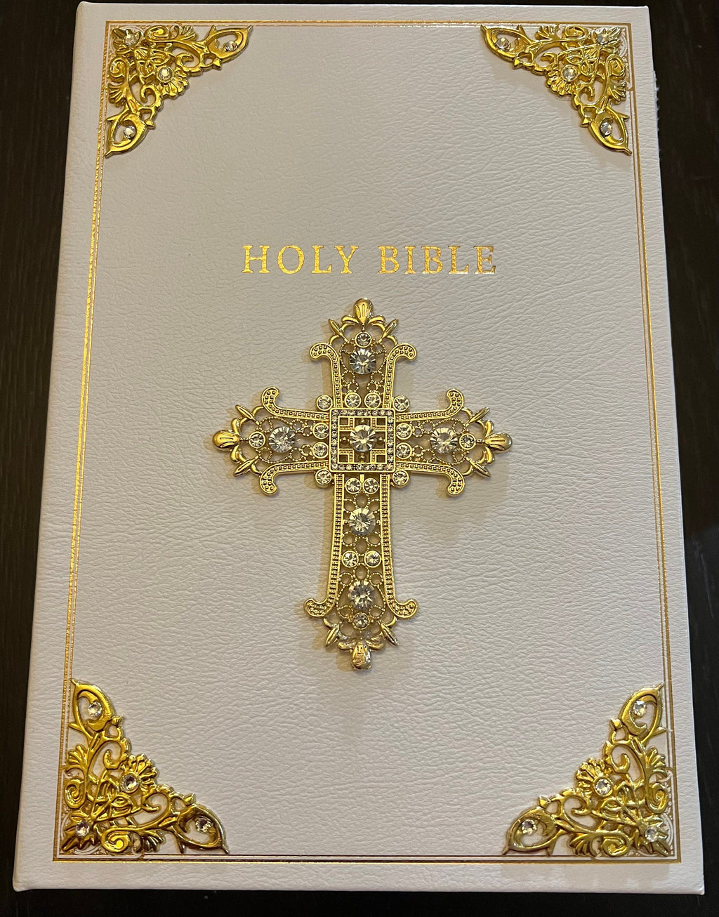 CSB Coffee Table Family Bible, White Bonded Leather Over Board with Corner Embellishments with Swarovski Crystals and Gold Cross