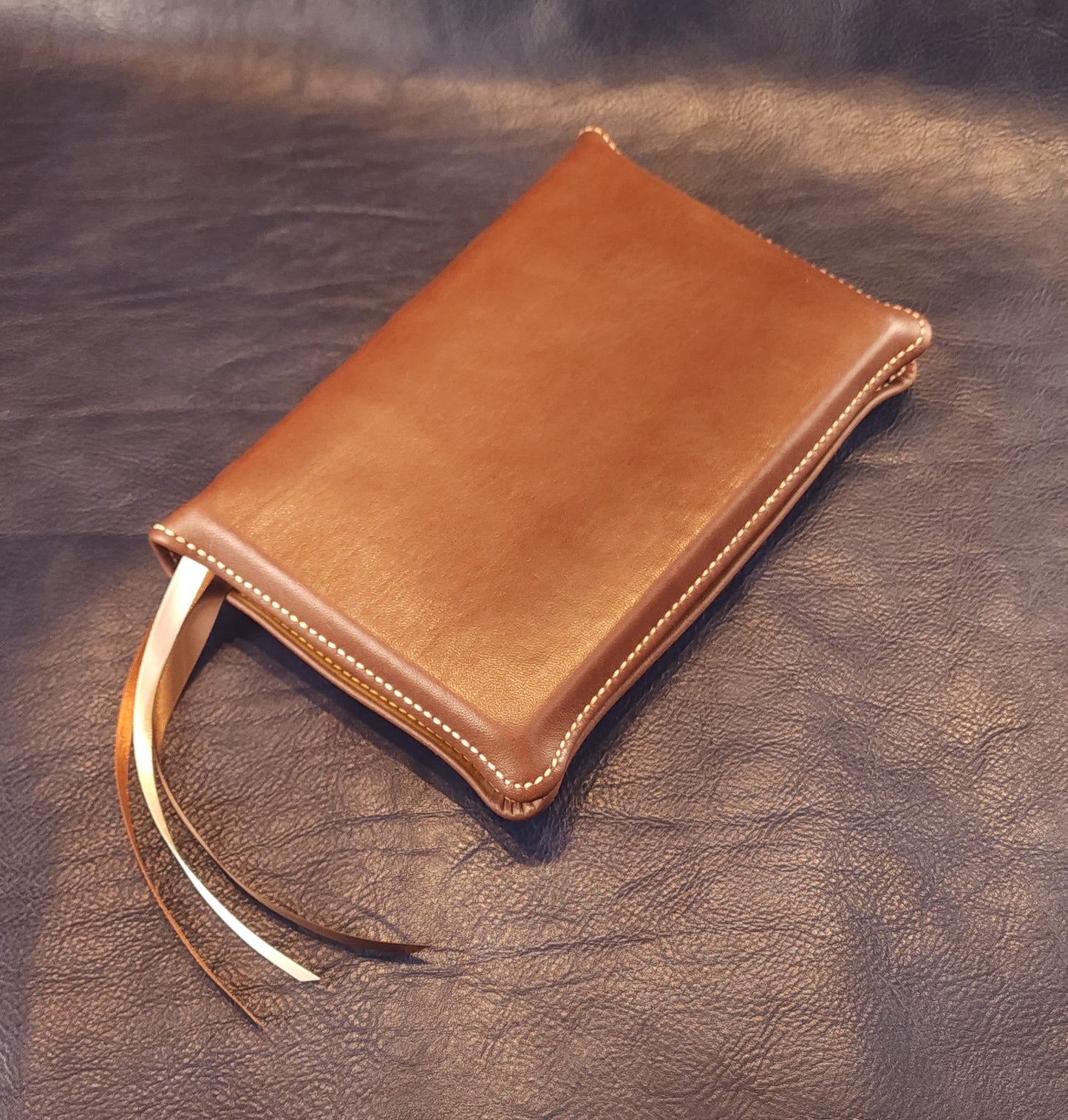 Brown Nappa sheepskin leather ESV Personal Size Extra Large Print Bible with light tan perimeter stitching and three ribbons