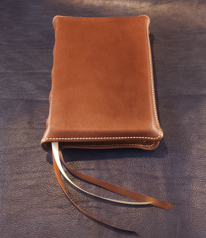 Brown Nappa sheepskin leather ESV Personal Size Extra Large Print Bible with light tan perimeter stitching and three ribbons