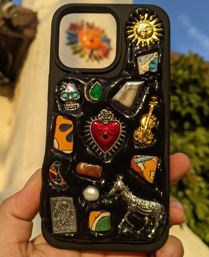 iPhone Phone Case Handmade Decoden Mexican Talavera Mosaic Vintage Jewelry Trinket Milagritos Stone Beige White Black Cover