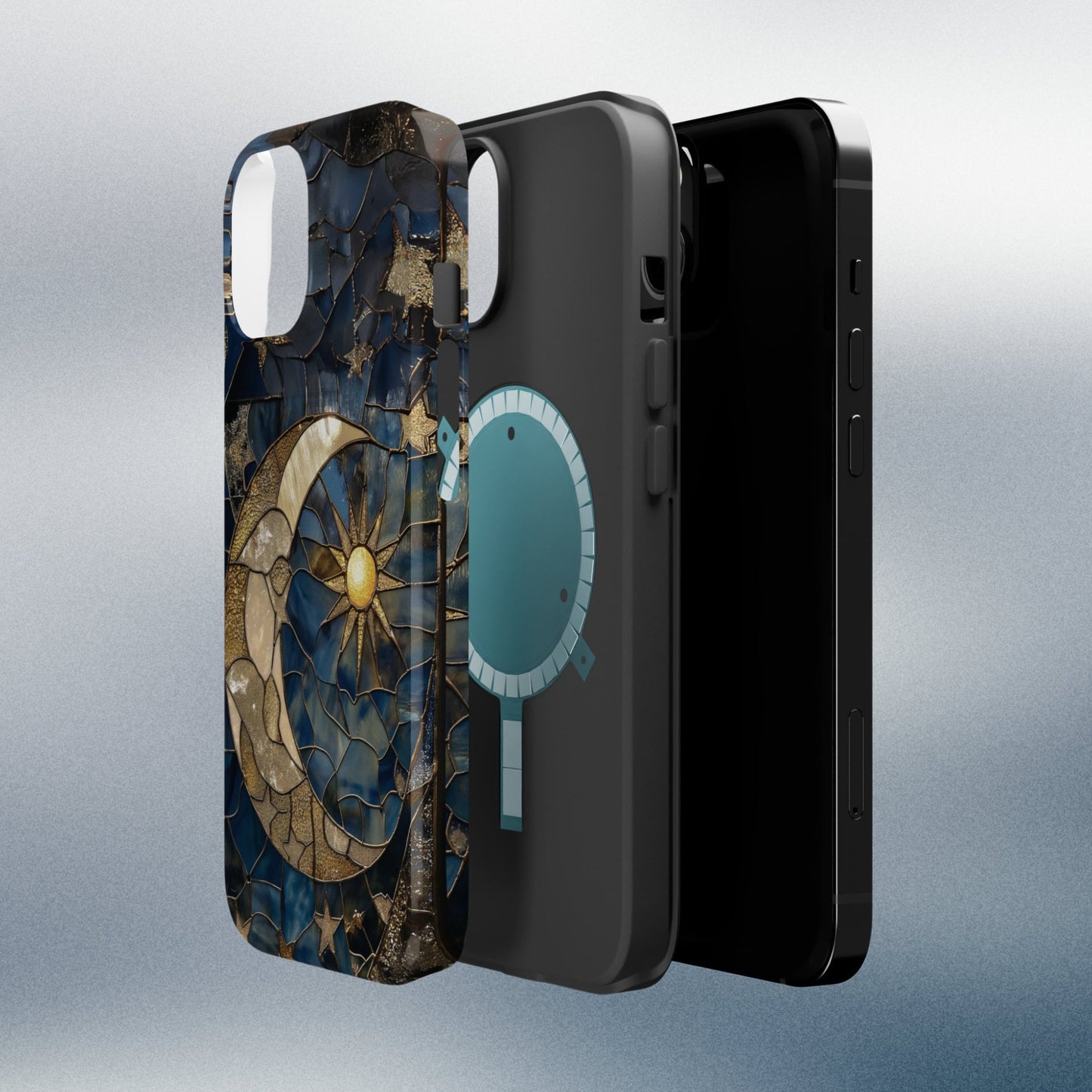 Moon and Stars Phone Case, Celestial Phone Cover Magsafe Compatible Starry Night Sky Space Lover Gift for iPhone 15 14 13 Faux Stained Glass