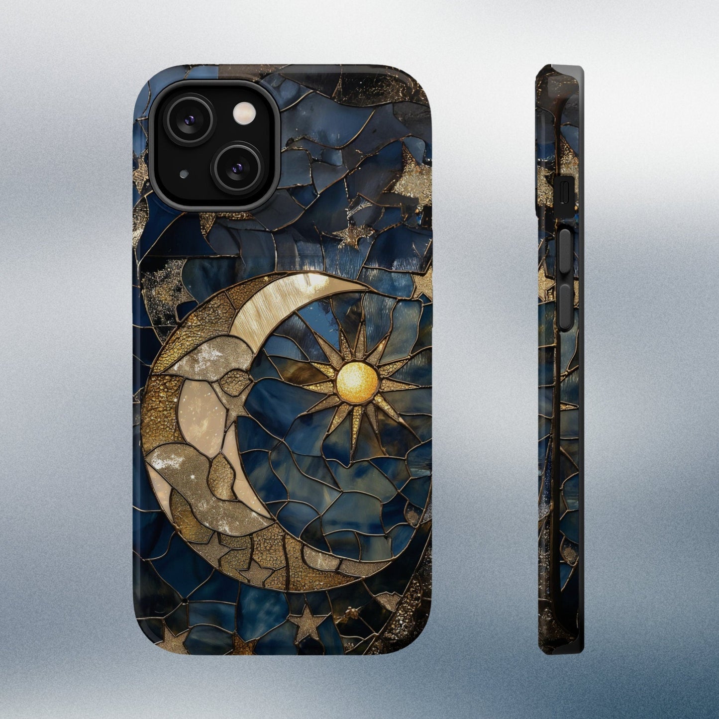 Moon and Stars Phone Case, Celestial Phone Cover Magsafe Compatible Starry Night Sky Space Lover Gift for iPhone 15 14 13 Faux Stained Glass