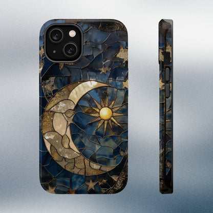 Moon and Stars Phone Case, Celestial Phone Cover Magsafe Compatible Starry Night Sky Space Lover Gift for iPhone 15 14 13 Faux Stained Glass