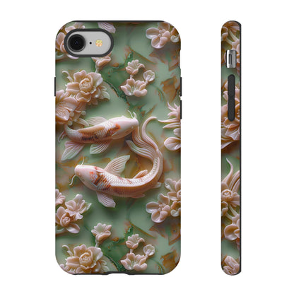 3d Asian Jade Carving Koi Phone Case | Pink Marble Fish Landscape | iPhone 15 14 Pro Max | Google Pixel 8 7 Pro | Samsung Galaxy S24 S22 Ultra