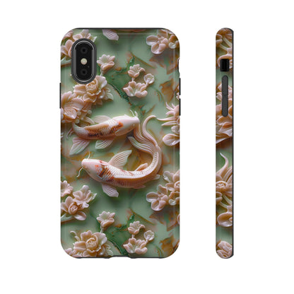 3d Asian Jade Carving Koi Phone Case | Pink Marble Fish Landscape | iPhone 15 14 Pro Max | Google Pixel 8 7 Pro | Samsung Galaxy S24 S22 Ultra