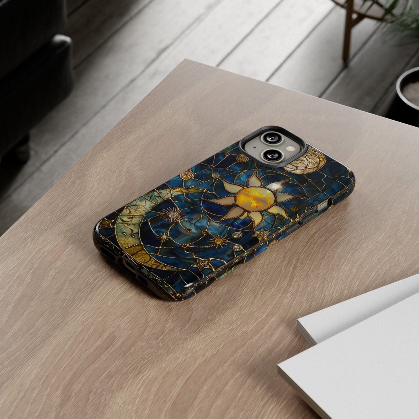 Celestial Stained Glass Moon and Stars Phone Case | Faux Stain Glass Starry Night Sky Design Phone Cover | iPhone 15 | Pixel 8 | Samsung S24