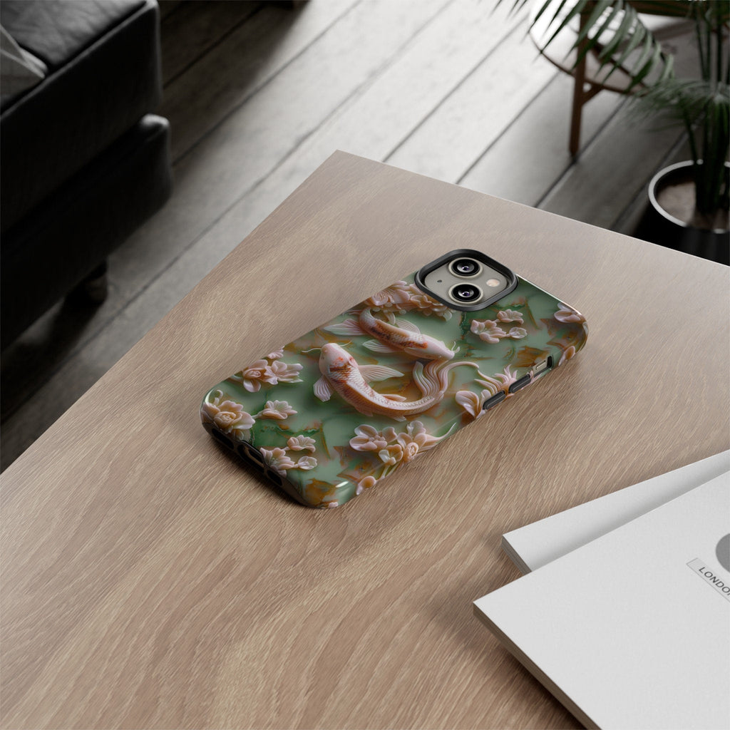 3d Asian Jade Carving Koi Phone Case | Pink Marble Fish Landscape | iPhone 15 14 Pro Max | Google Pixel 8 7 Pro | Samsung Galaxy S24 S22 Ultra