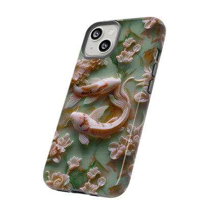 3d Asian Jade Carving Koi Phone Case | Pink Marble Fish Landscape | iPhone 15 14 Pro Max | Google Pixel 8 7 Pro | Samsung Galaxy S24 S22 Ultra