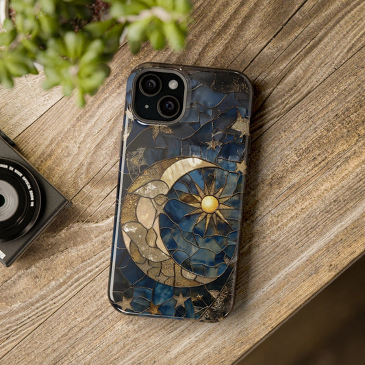 Moon and Stars Phone Case, Celestial Phone Cover Magsafe Compatible Starry Night Sky Space Lover Gift for iPhone 15 14 13 Faux Stained Glass