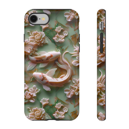 3d Asian Jade Carving Koi Phone Case | Pink Marble Fish Landscape | iPhone 15 14 Pro Max | Google Pixel 8 7 Pro | Samsung Galaxy S24 S22 Ultra