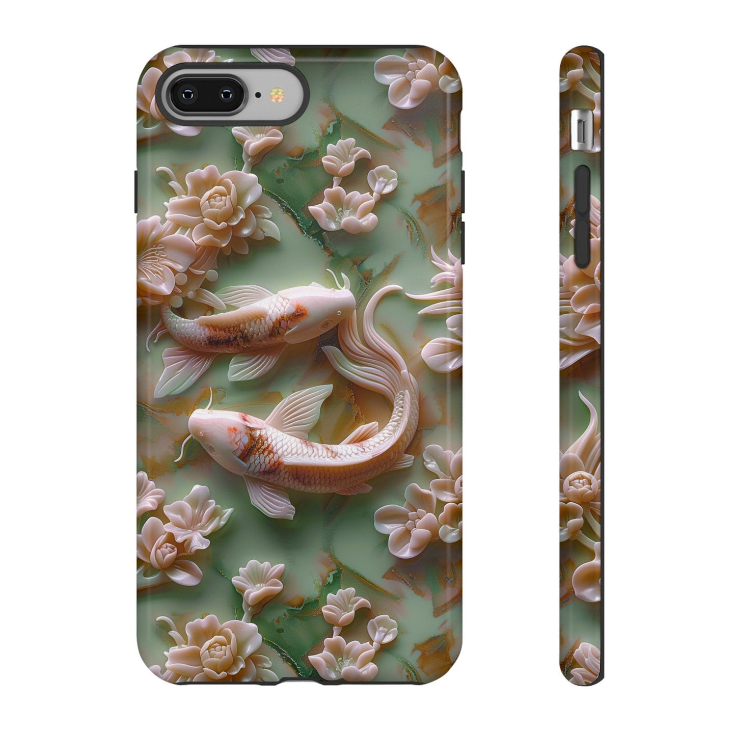 3d Asian Jade Carving Koi Phone Case | Pink Marble Fish Landscape | iPhone 15 14 Pro Max | Google Pixel 8 7 Pro | Samsung Galaxy S24 S22 Ultra