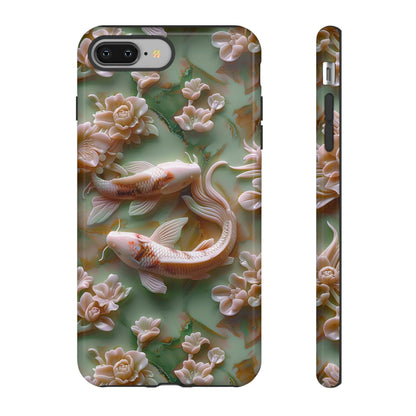3d Asian Jade Carving Koi Phone Case | Pink Marble Fish Landscape | iPhone 15 14 Pro Max | Google Pixel 8 7 Pro | Samsung Galaxy S24 S22 Ultra