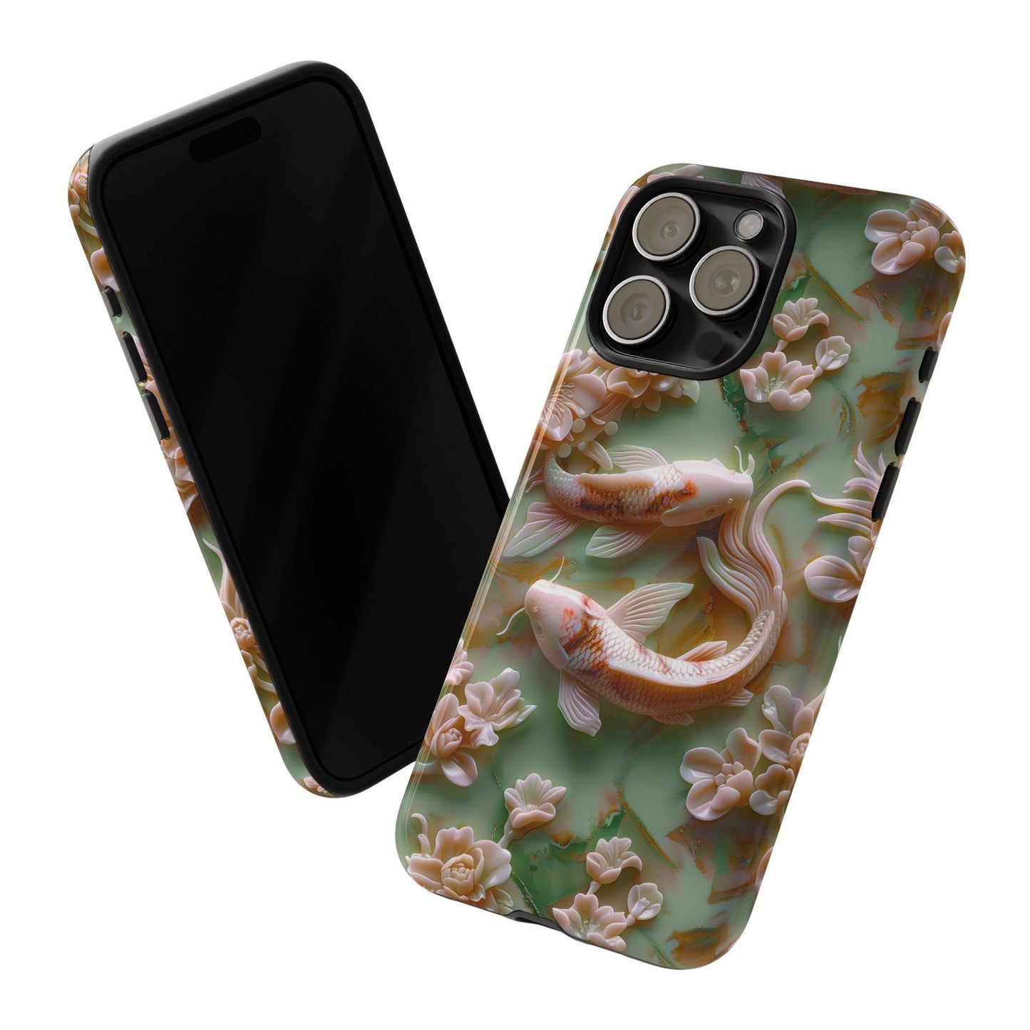 3d Asian Jade Carving Koi Phone Case | Pink Marble Fish Landscape | iPhone 15 14 Pro Max | Google Pixel 8 7 Pro | Samsung Galaxy S24 S22 Ultra