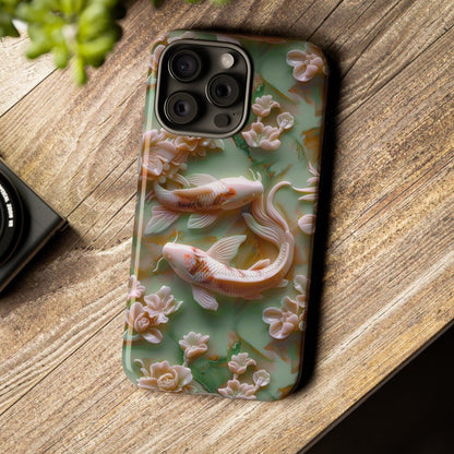 3d Asian Jade Carving Koi Phone Case | Pink Marble Fish Landscape | iPhone 15 14 Pro Max | Google Pixel 8 7 Pro | Samsung Galaxy S24 S22 Ultra