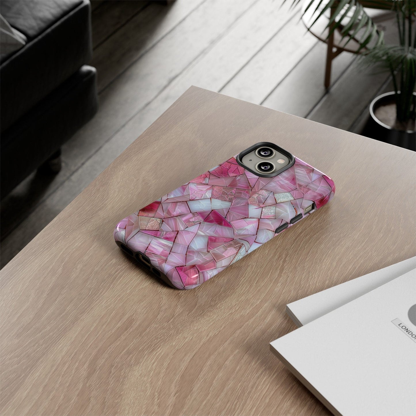 Cute Pink Stained Glass Phone Case, Pink Crystal Aesthetic Phone Cover, iPhone Pro Max, Google Pixel Pro, Samsung Galaxy Plus Ultra