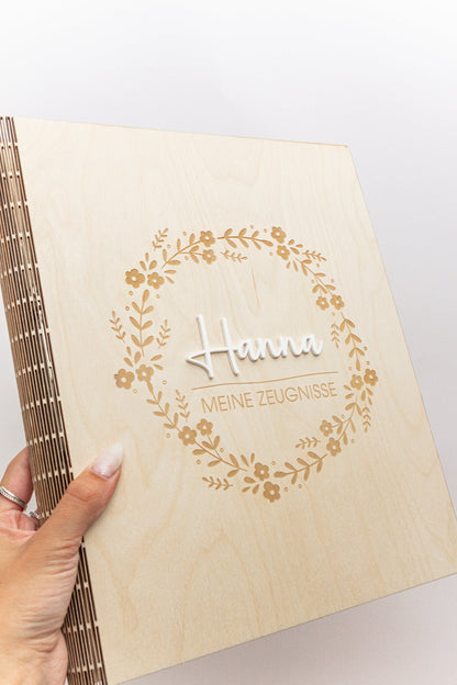 Certificate folder made of wood with floral patterns, folder for certificates with name, school enrollment gift for school child, certificate folder A4 with transparencies